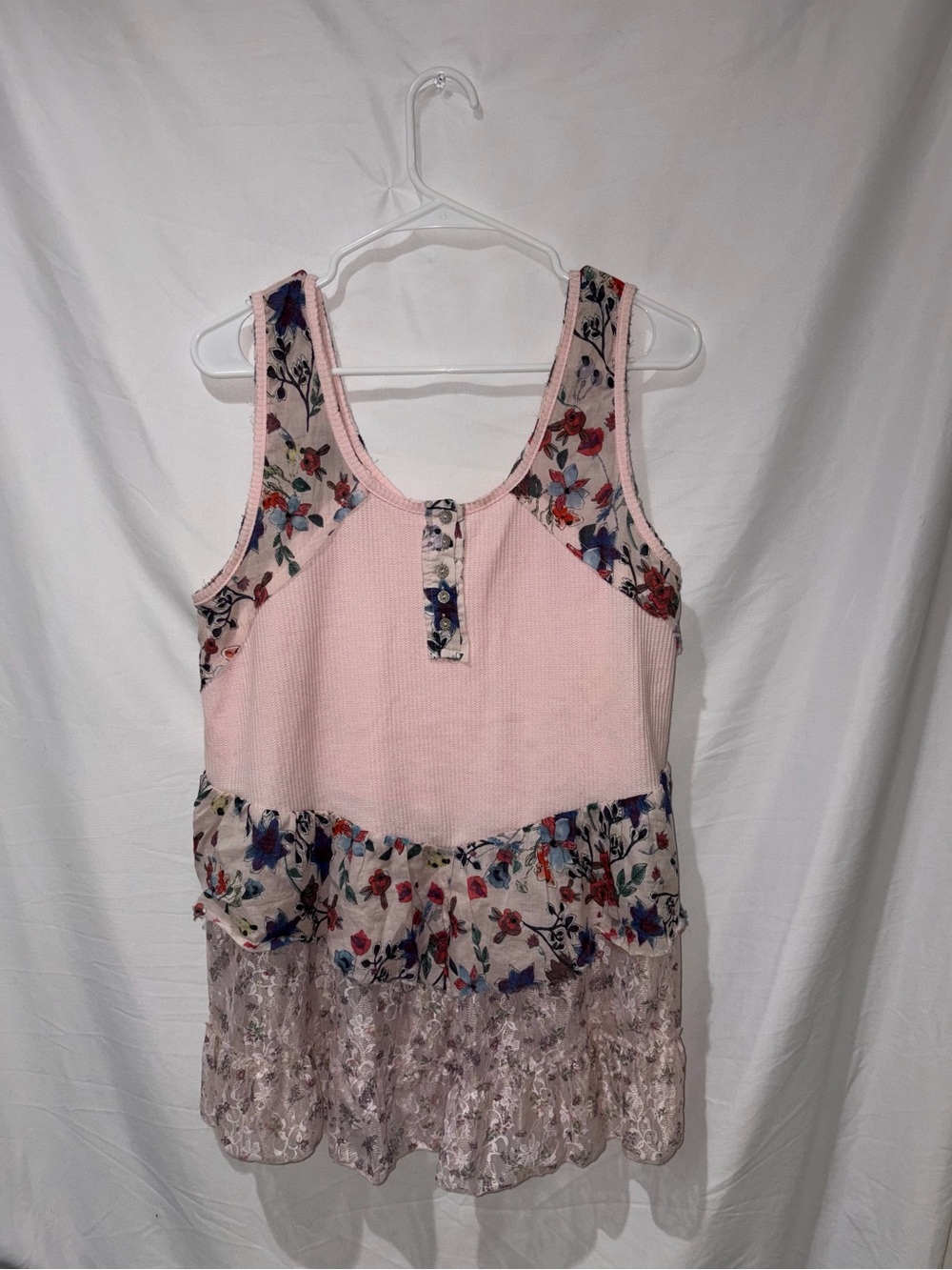 POL Pink Floral Tiered Lace Mixed-Media Scoop Tank Top sz M